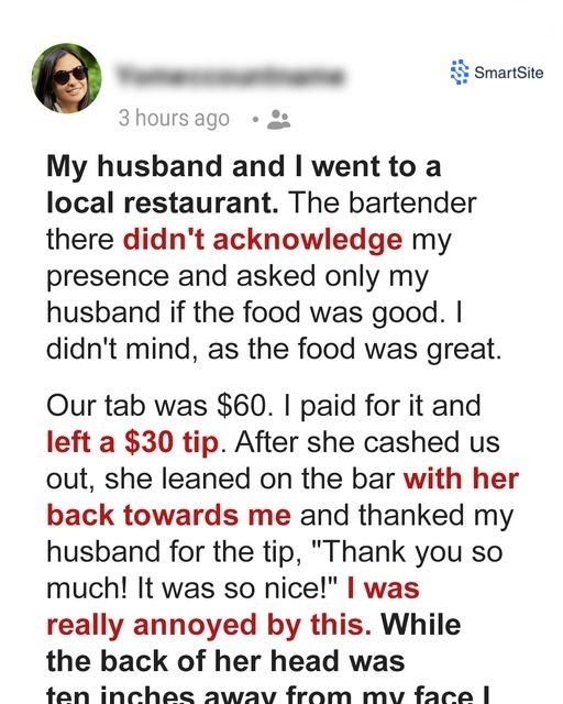 I Left the Bartender a 50% Tip but She Thanked Only My Husband