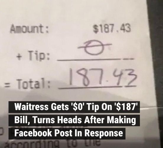 Waitress Gets ‘$0’ Tip On ‘$187’ Bill, Turns Heads After Making Facebook Post In Response